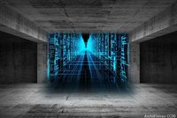 Computerbild: Graue Halle mit Tor zu digitaler Welt