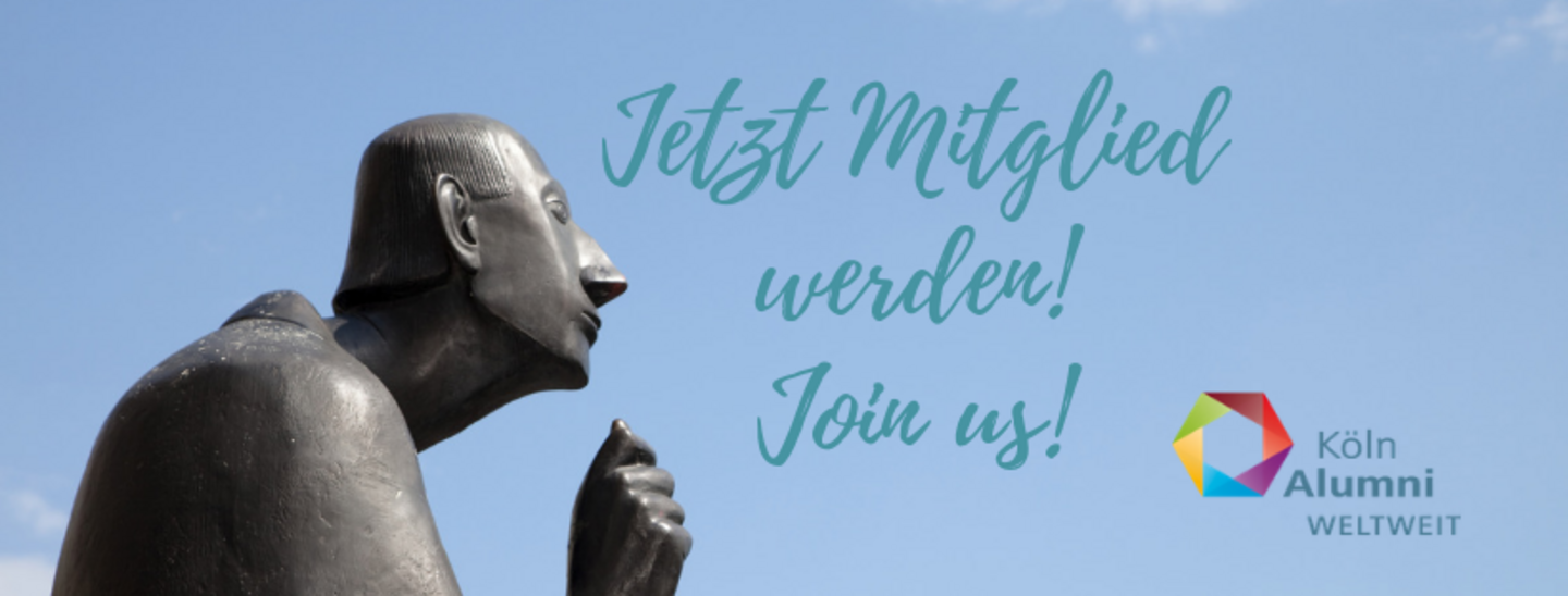 Jetzt Mitglied werden! Join Us! Aufruf für KölnAlumni WELTWEIT mitt KAW Logo und Albertus Magnus