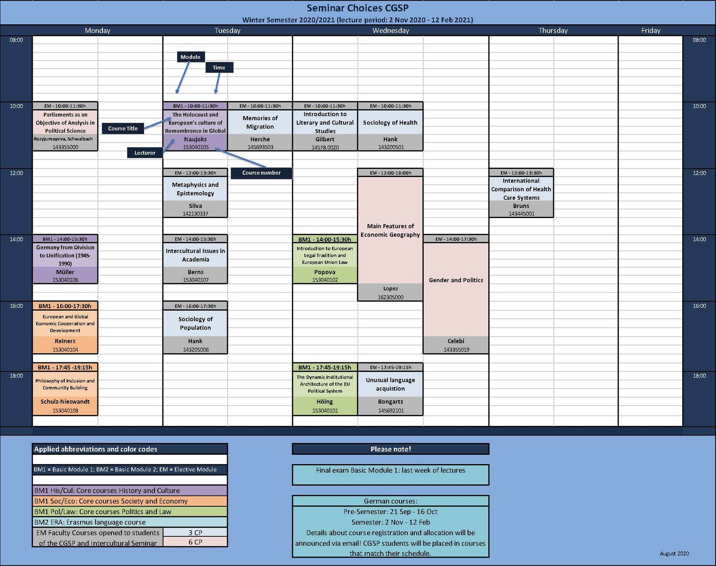 A chart with the course overview of the cologne global study program.