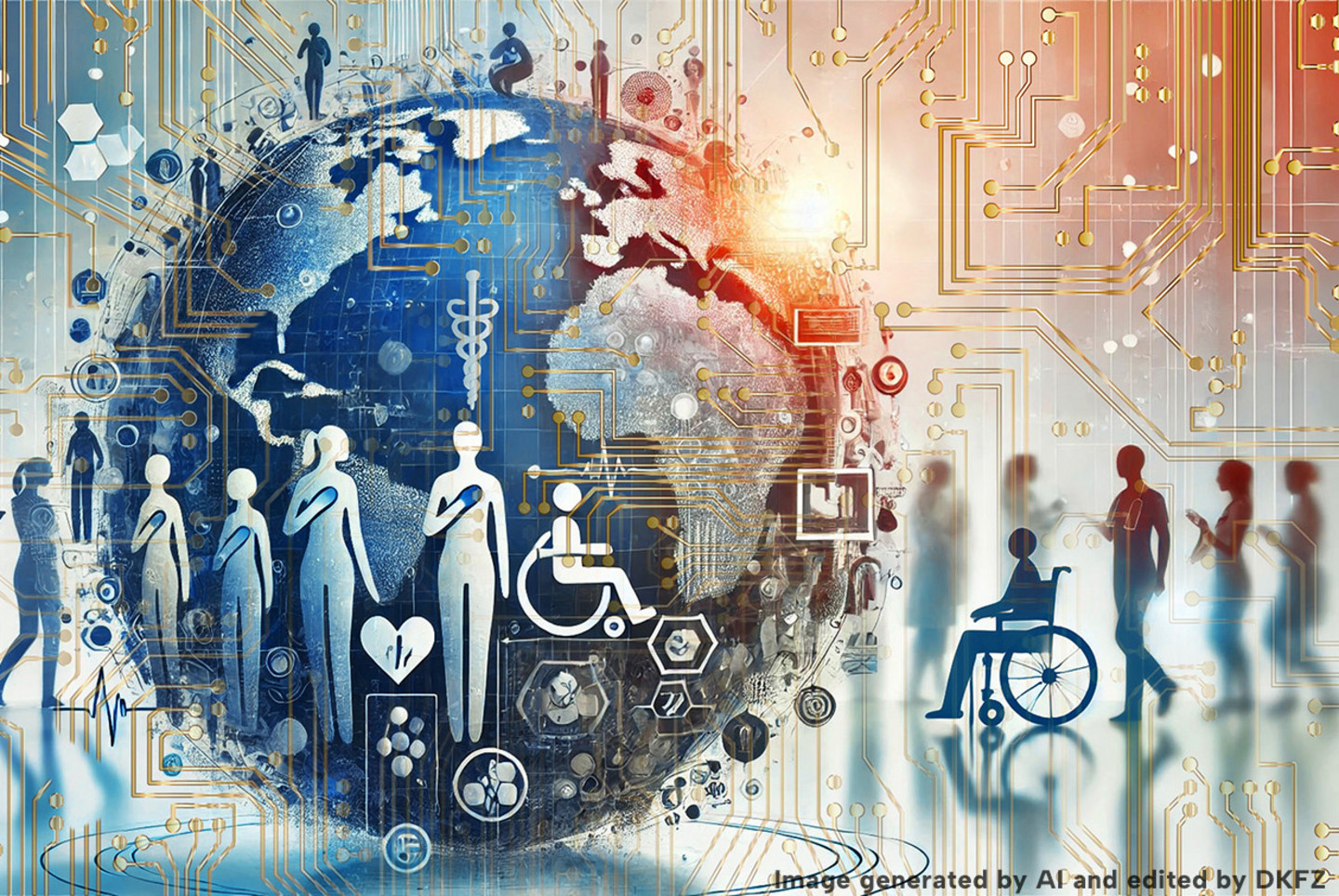 A stylized globe is surrounded by silhouettes of people, medical icons such as a caduceus, heart, and wheelchair, and golden circuit-like patterns. The colour scheme transitions from cool blues on the left to warm orange hues on the right, where a light source in the background gives the impression of a sunrise. Text: Image generated by AI and edited by DKFZ.