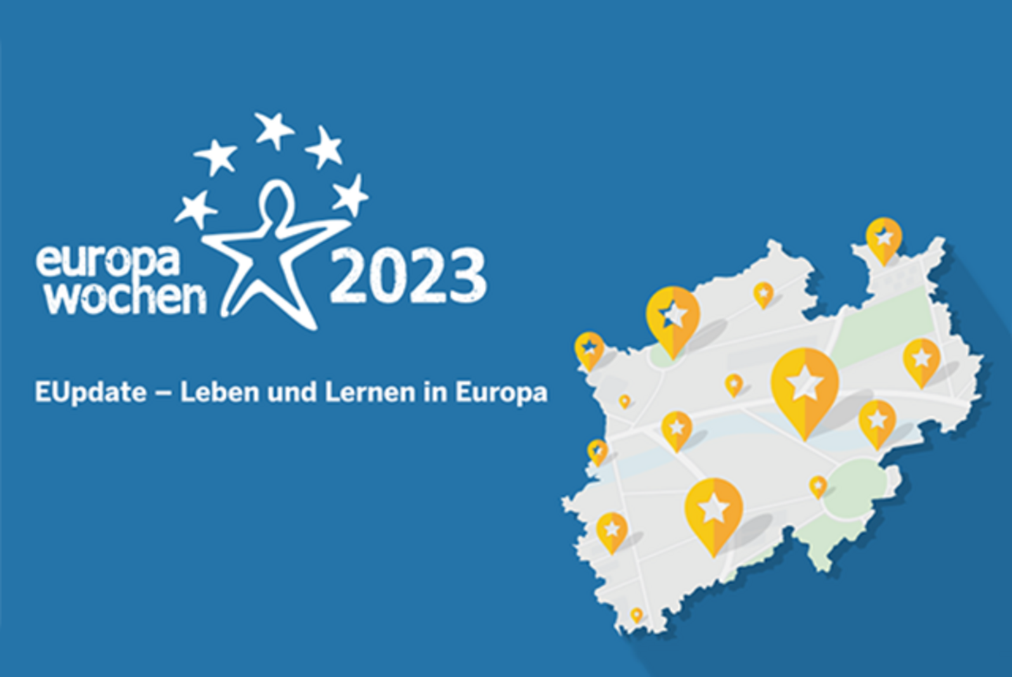 Logo and text in German: Europawochen 2023. EUpdate – Leben und Lernen in Europa. Graphic: Section of a map with position markers.