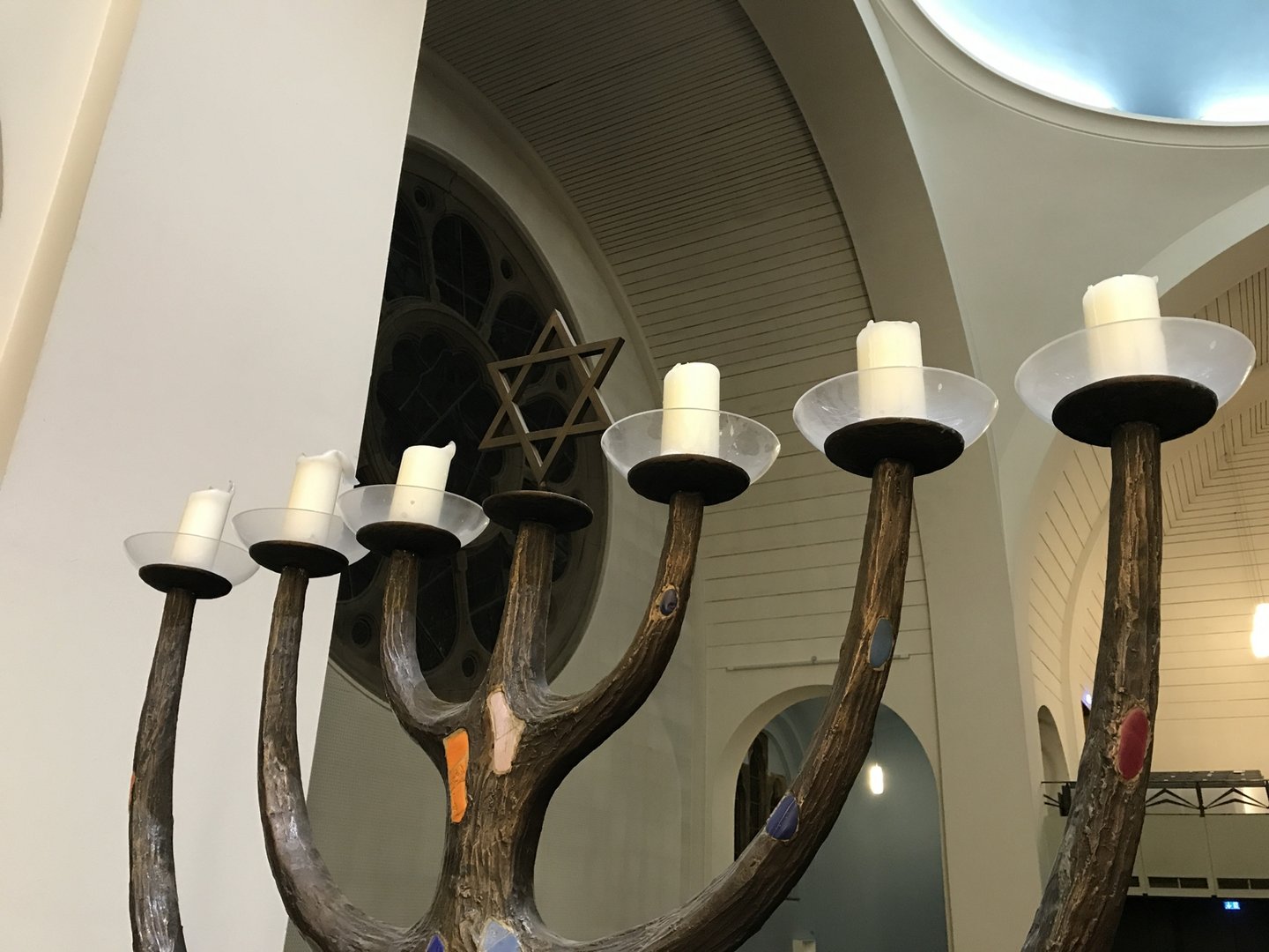 Big candle holder with six candles and a davids star in the middle (synagogue)