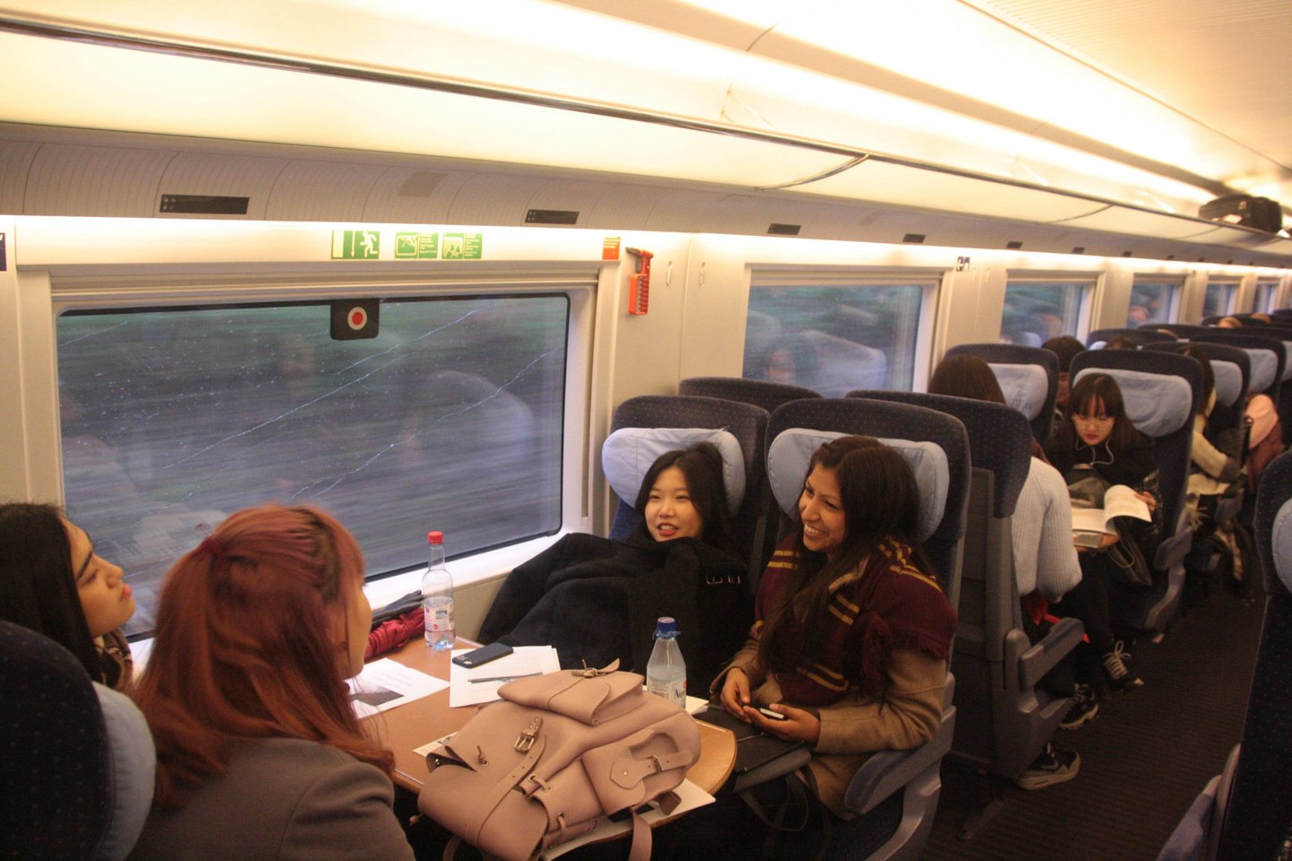 Students in the train on their way to Brussels.