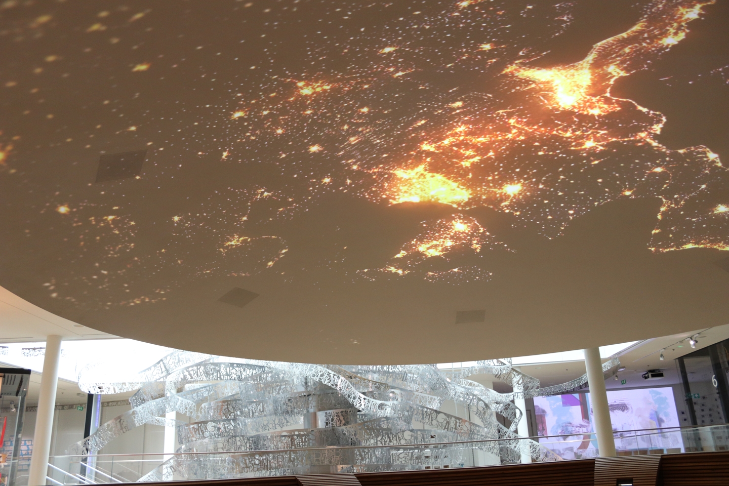 Part of the exhibition at the House of European History. On the ceiling of the room is europe from space by night.