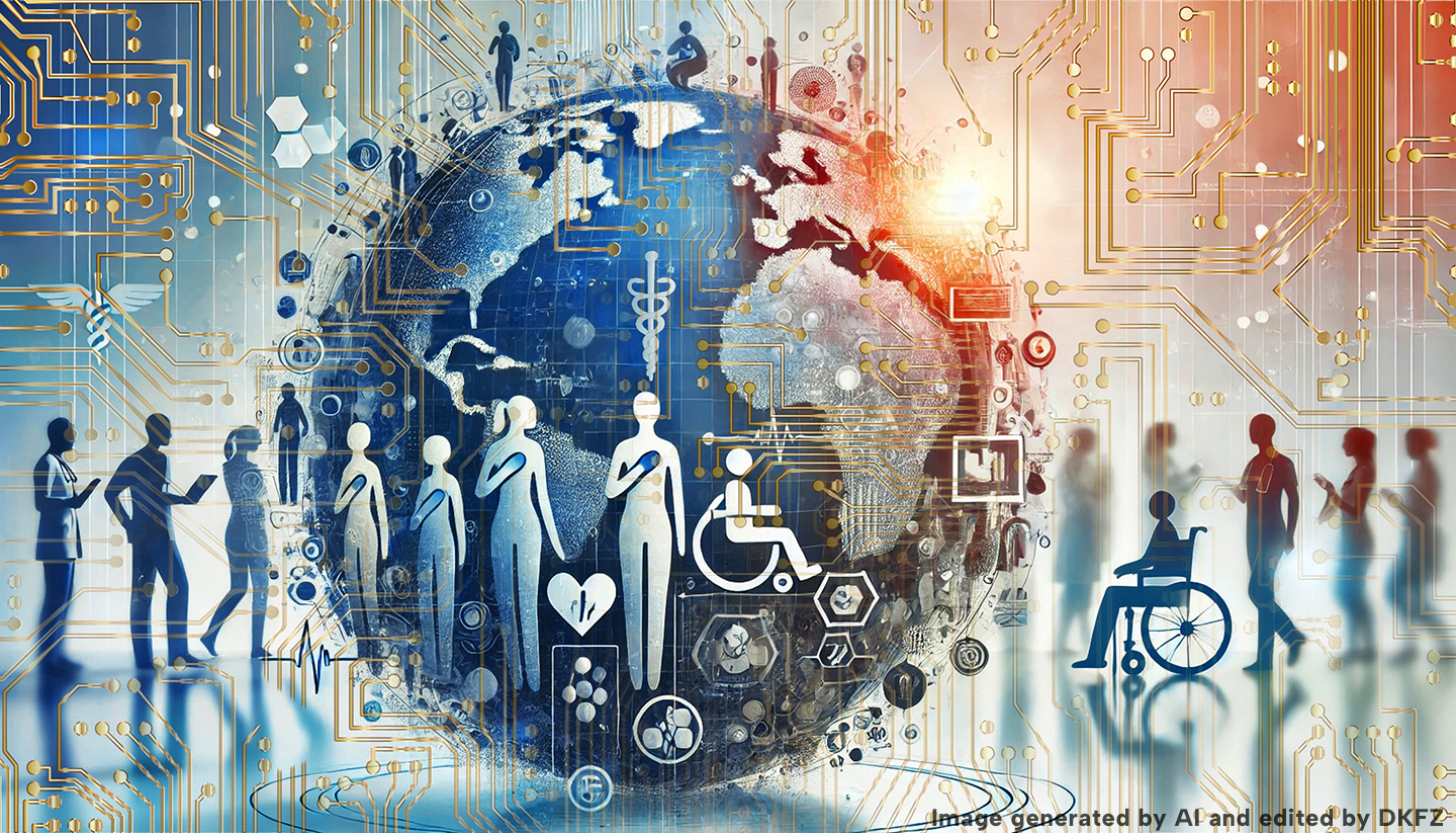 A stylized globe is surrounded by silhouettes of people, medical icons such as a caduceus, heart, and wheelchair, and golden circuit-like patterns. The colour scheme transitions from cool blues on the left to warm orange hues on the right, where a light source in the background gives the impression of a sunrise. Text: Image generated by AI and edited by DKFZ.
