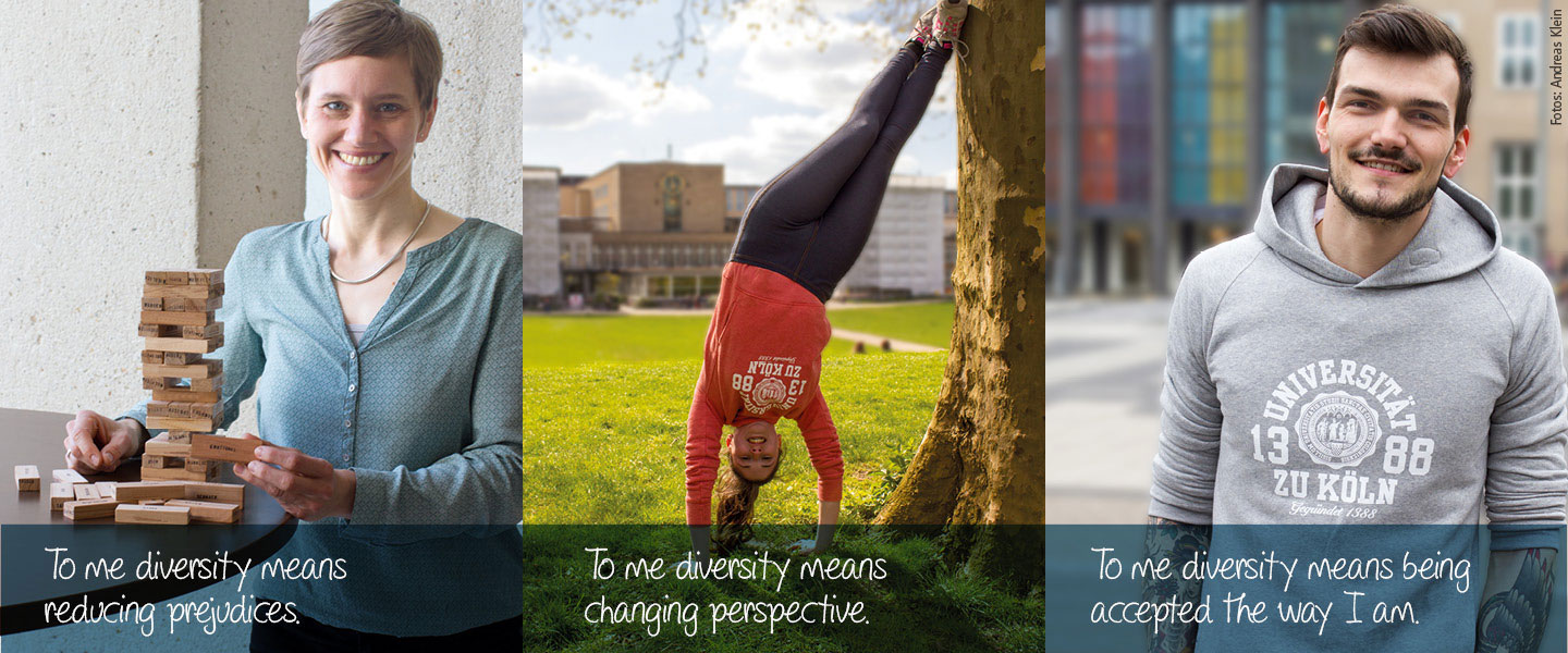 Three photos with overlay text: woman pulling a block from a Jenga tower: "to me diversity means reducing prejudices"; Woman in a handstand leaning sideways against a tree in the university park: "To me diversity means changing perspective"; man wearing Uni-Cologne hoodie: "To me diversity means being accepted the way I am"