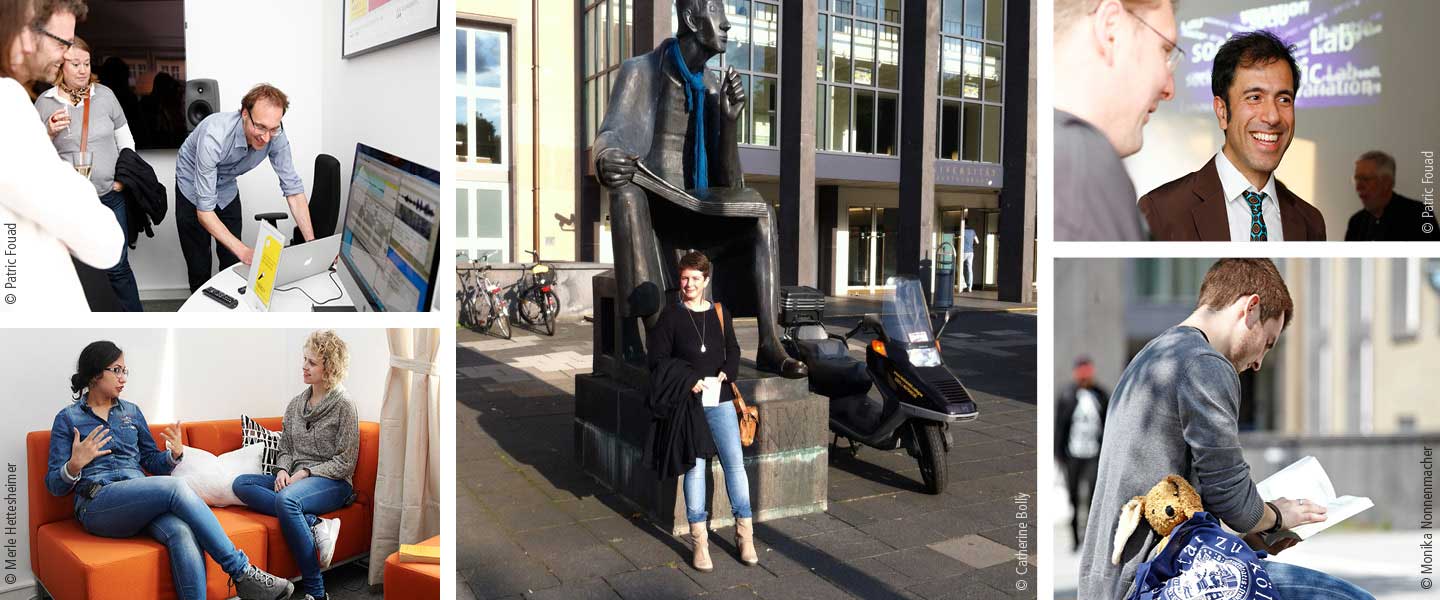 Photo collage illustrating post-doc situations at the University of Cologne
