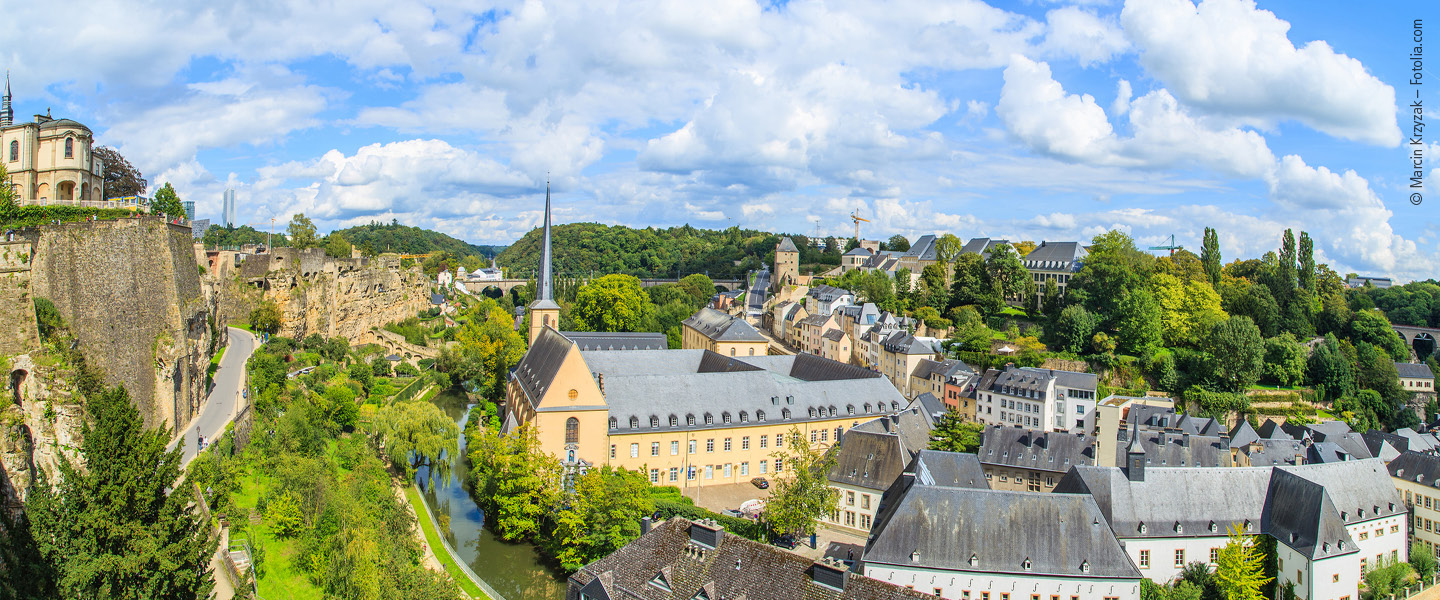 A panorama of a Luxembourg cityscape with St Jean du Grund monastry, Luxembourg