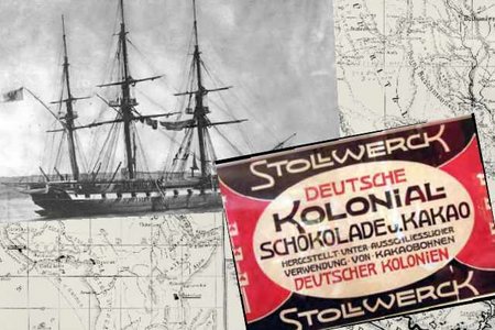 Collage, Schiff, Werbung Kolonialschokolade, Landkarte