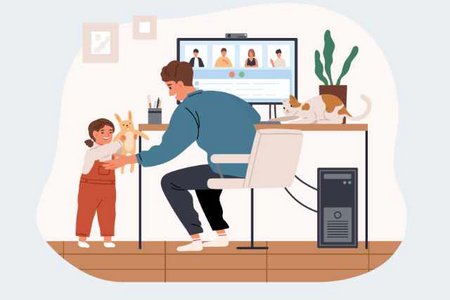 Illustration Homeoffice Vater am PC mit Kind